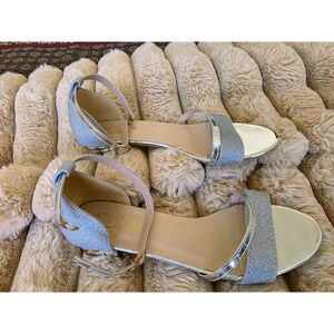 LGDIR Silver Glitter Block Heel Ankle Strap Sandals EU 38 US 8 Wedding Bridal